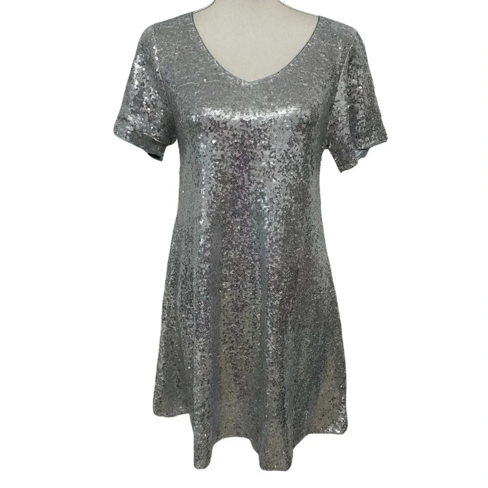 Anna-Kaci Sequin Shift Flared Tunic Mini Dress Silver SZ Large 60’s Inspired NWT